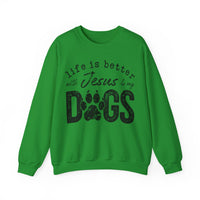 Life is Better With Jesus and My Dogs – Gildan Heavy Blend | Trendy Women’s and Men's Soft Sweatshirt. Direct to Garment. Printed & Shipped in the USA. Unisex Sizes.