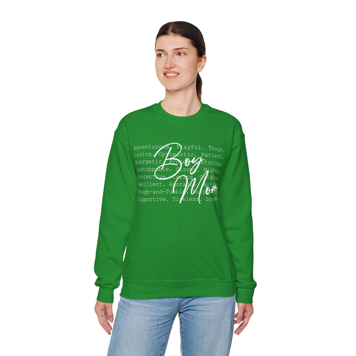 Boy Mom Typography – Gildan Heavy Blend | Trendy Women’s Soft Sweatshirt. Direct to Garment. Printed & Shipped in the USA. Unisex Sizes.