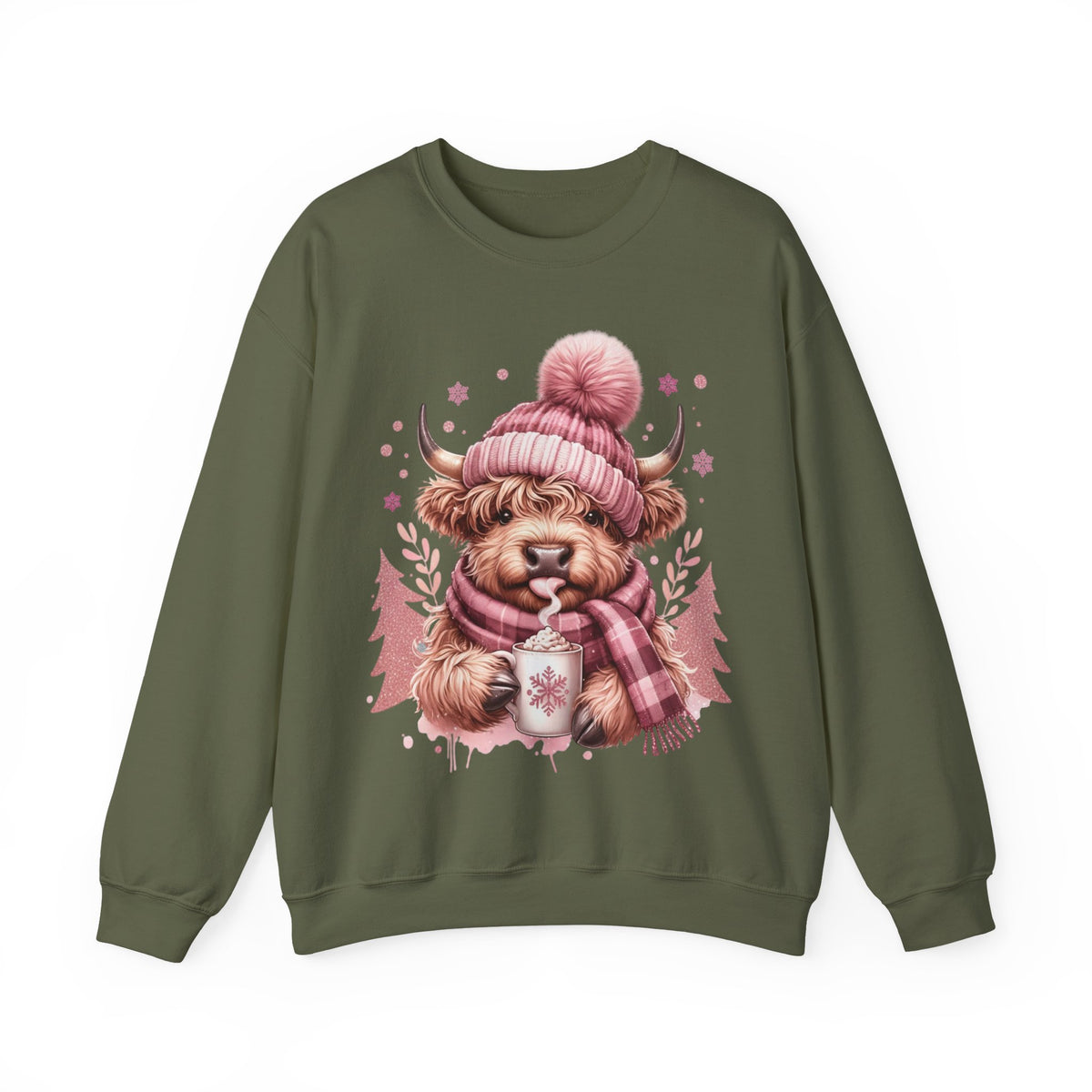 Cozy Highland Cow, Winter Coffee Mug & Scarf Pink – Gildan Heavy Blend | Trendy Women’s Soft Sweatshirt. Direct to Garment. Printed & Shipped in the USA. Unisex Sizes.