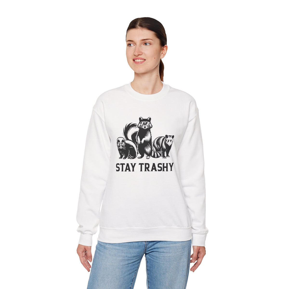 Stay Trashy, Skunk Raccoon Possum – Gildan Heavy Blend | Trendy Women’s and Men's Soft Sweatshirt. Direct to Garment. Printed & Shipped in the USA. Unisex Sizes.