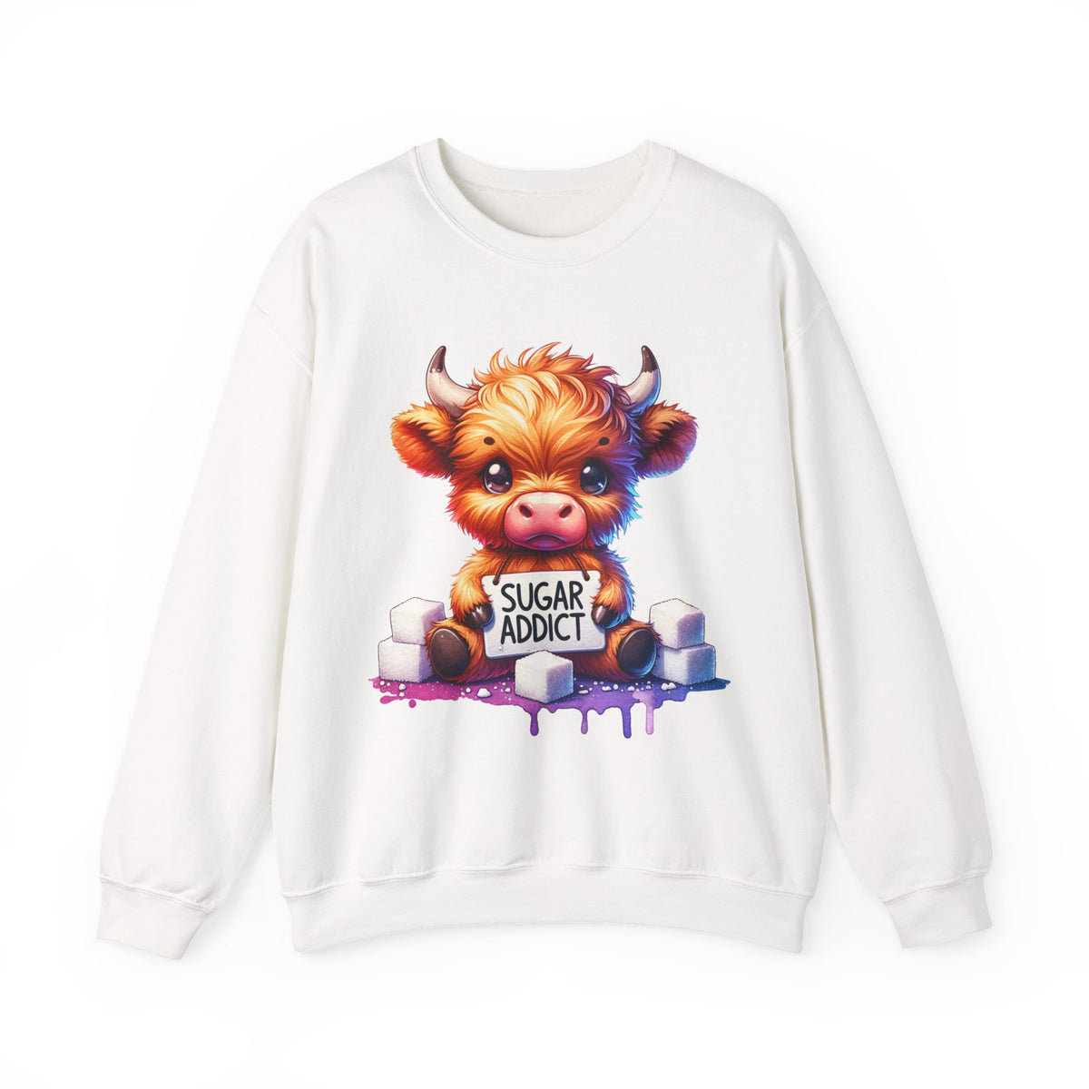 Sugar Addict Highland Cow – Gildan Heavy Blend | Trendy Women’s Soft Sweatshirt. Direct to Garment. Printed & Shipped in the USA. Unisex Sizes.