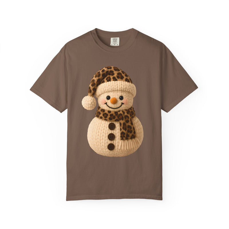 Cute Leopard Faux Knit Snowman Winter - Comfort Colors | Trendy Women's T-Shirt. Direct to Garment. Printed & Shipped in the USA. Unisex Sizes.