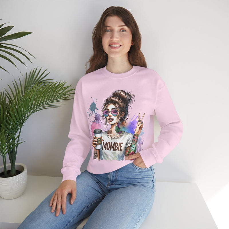 Cool Mombie with Coffee Peace Tattoo - Tired Mom – Gildan Heavy Blend | Trendy Women’s Soft Sweatshirt. Direct to Garment. Printed & Shipped in the USA. Unisex Sizes.