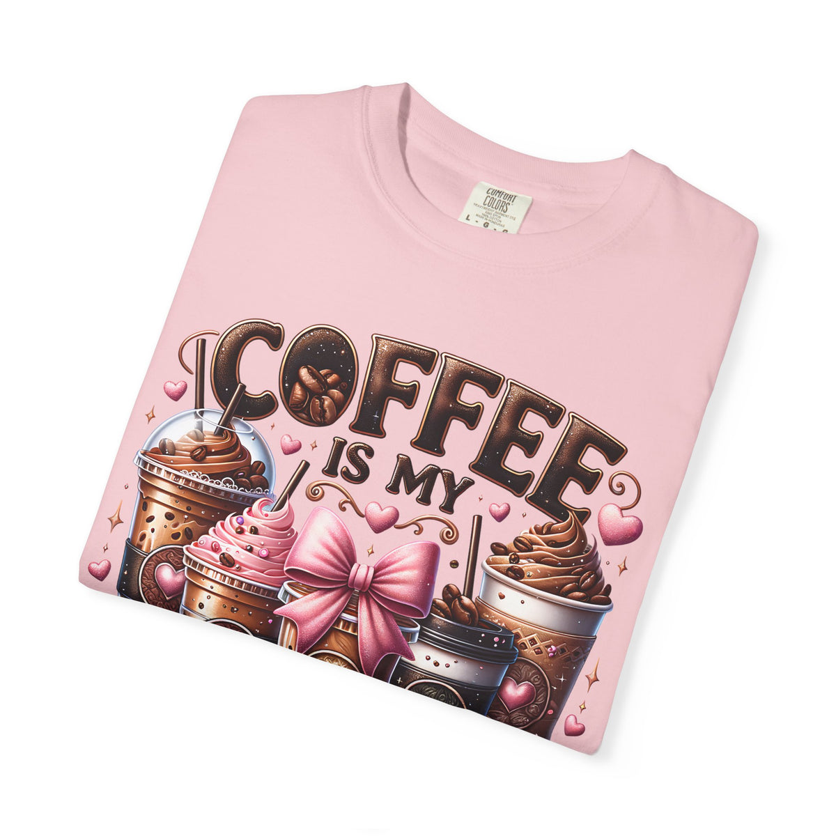 Coffee Is My Soul Food, Iced Coffee, Pink Bow - Comfort Colors | Trendy Women's T-Shirt. Direct to Garment. Printed & Shipped in the USA. Unisex Sizes.