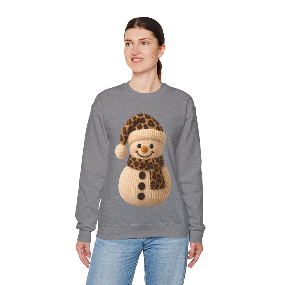 Cute Leopard Faux Knit Snowman Winter – Gildan Heavy Blend | Trendy Women’s Soft Sweatshirt. Direct to Garment. Printed & Shipped in the USA. Unisex Sizes.
