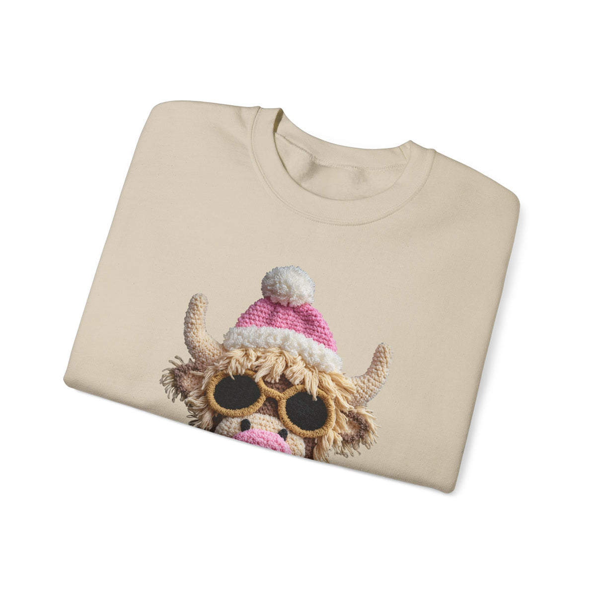 Faux Crochet Highland Cow Bubblegum – Gildan Heavy Blend | Trendy Women’s Soft Sweatshirt. Direct to Garment. Printed & Shipped in the USA. Unisex Sizes.