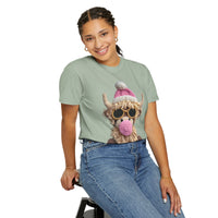 Faux Crochet Highland Cow Bubblegum - Comfort Colors | Trendy Women's T-Shirt. Direct to Garment. Printed & Shipped in the USA. Unisex Sizes.