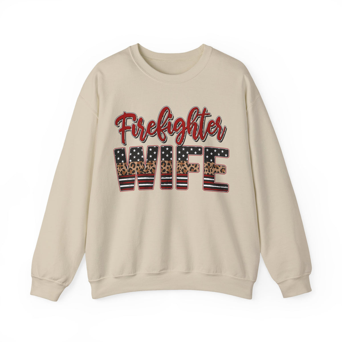 Firefighter Wife Patriotic Flag Lettering for Firefighter Spouse – Gildan Heavy Blend | Trendy Women’s Soft Sweatshirt. Direct to Garment. Printed & Shipped in the USA. Unisex Sizes.
