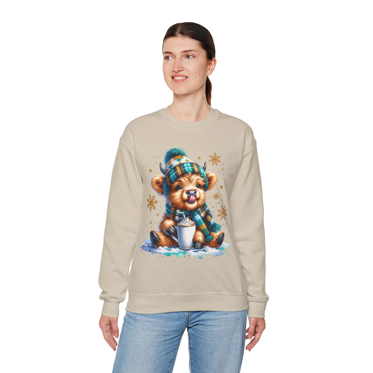 Winter Baby Highland Cow with Cocoa – Gildan Heavy Blend | Trendy Women’s Soft Sweatshirt. Direct to Garment. Printed & Shipped in the USA. Unisex Sizes.