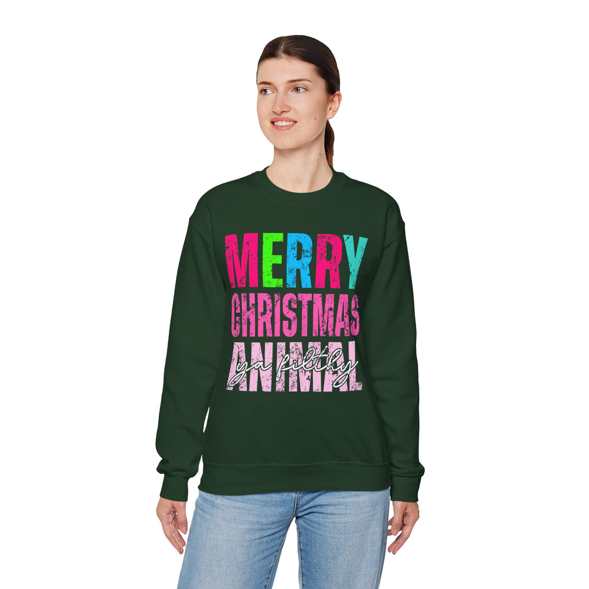 Merry Christmas Ya Filthy Animal – Gildan Heavy Blend | Trendy Women’s Soft Sweatshirt. Direct to Garment. Printed & Shipped in the USA. Unisex Sizes.