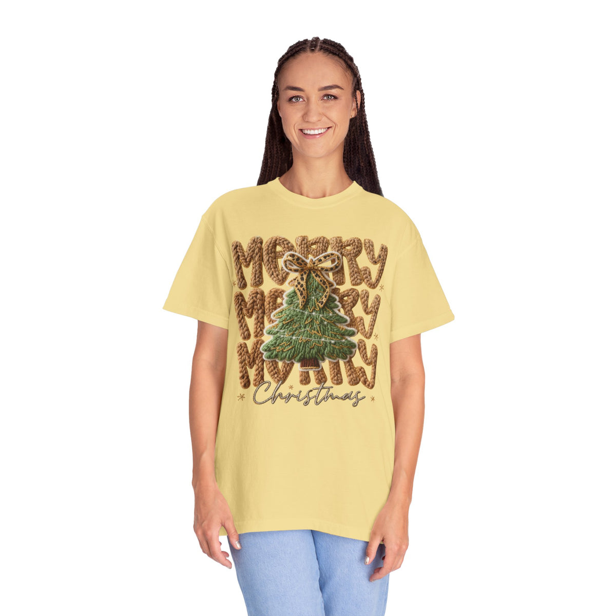 Merry Merry Merry Christmas, Faux Latch Hook Yarn - Comfort Colors | Trendy Women's T-Shirt. Direct to Garment. Printed & Shipped in the USA. Unisex Sizes.