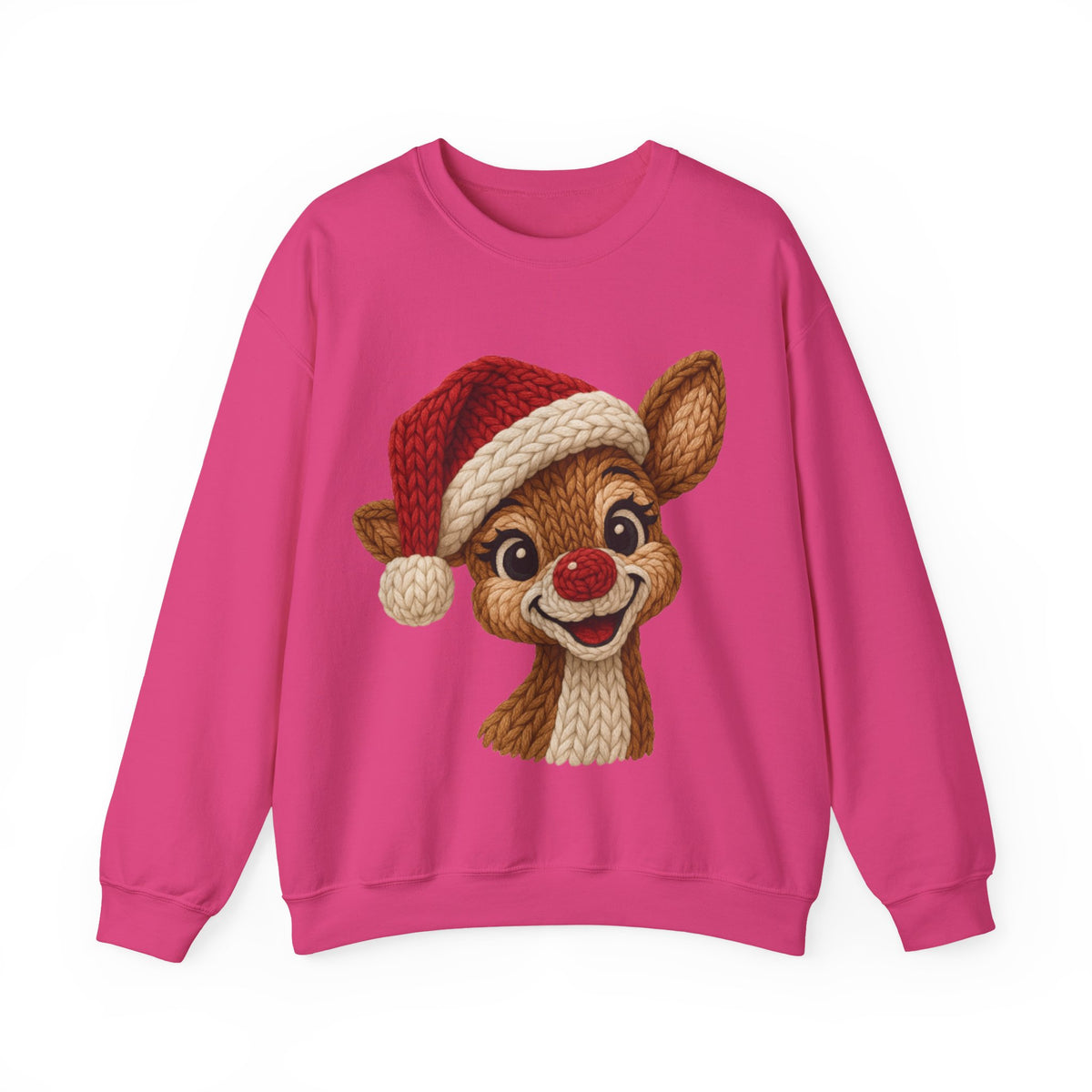 Cute Rudolph Faux Knit Look Reindeer w/Santa Hat – Gildan Heavy Blend | Trendy Women’s Soft Sweatshirt. Direct to Garment. Printed & Shipped in the USA. Unisex Sizes.