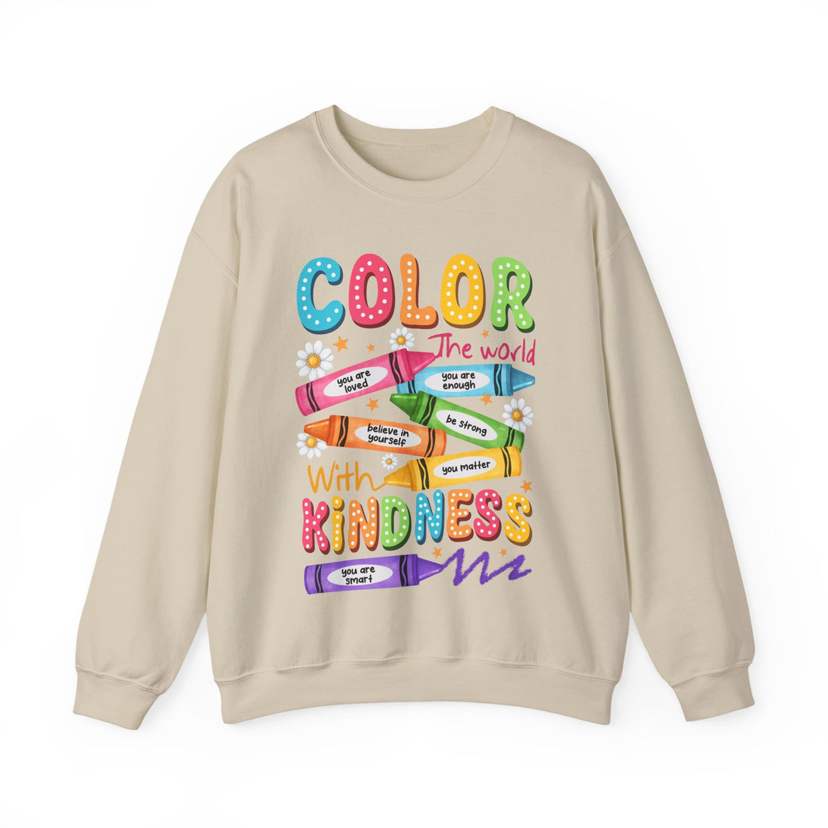 Color the World With Kindness Crayons, Great Teacher Gift – Gildan Heavy Blend | Trendy Women’s and Men's Soft Sweatshirt. Direct to Garment. Printed & Shipped in the USA. Unisex Sizes.