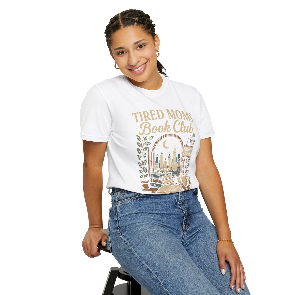 Tired Moms Book Club Running on Coffee and Chapters - Comfort Colors | Trendy Women's T-Shirt. Direct to Garment. Printed & Shipped in the USA. Unisex Sizes.