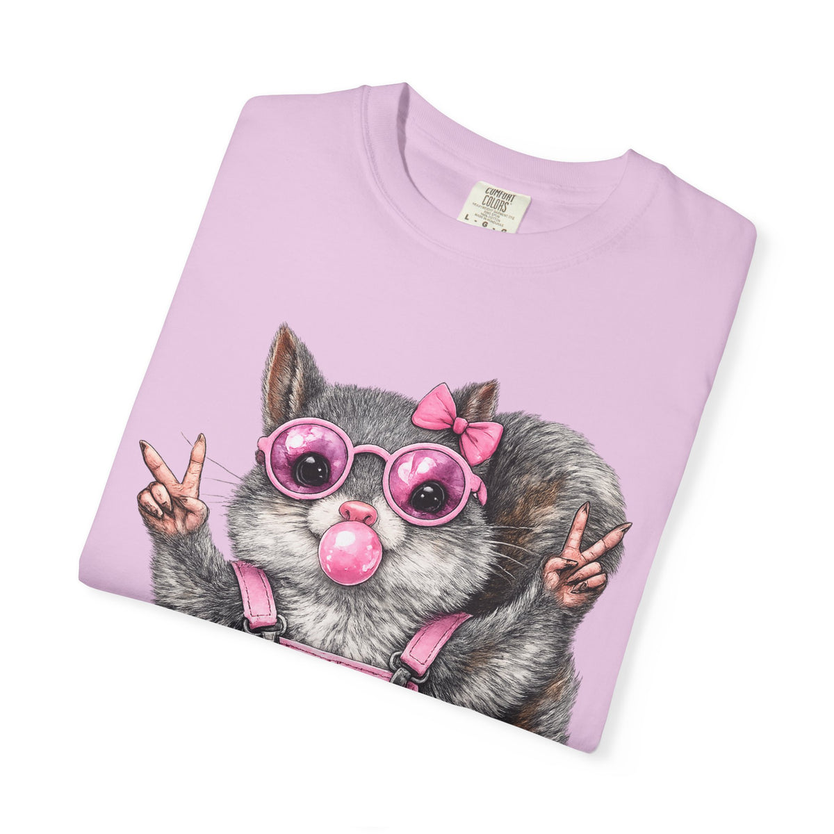 Cute But Feral, Squirrel in Pink Bibs - Comfort Colors | Trendy Women's T-Shirt. Direct to Garment. Printed & Shipped in the USA. Unisex Sizes.