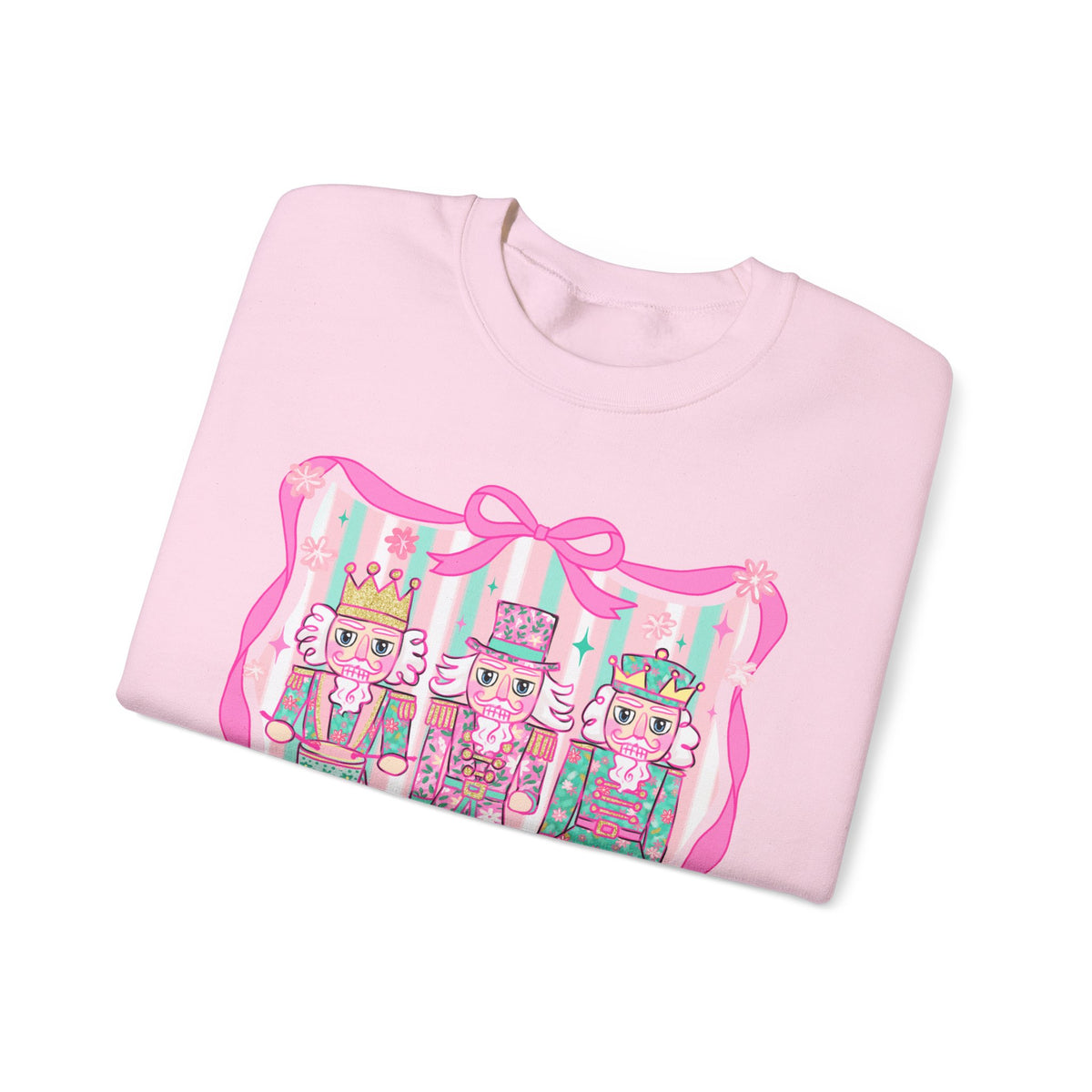 Coquette Pastel Christmas Nutcracker Trio Pink and Green – Gildan Heavy Blend | Trendy Women’s Soft Sweatshirt. Direct to Garment. Printed & Shipped in the USA. Unisex Sizes.