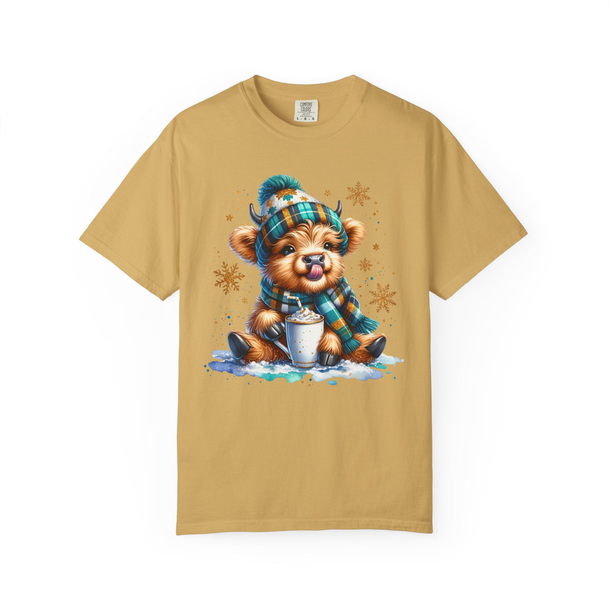 Winter Baby Highland Cow with Cocoa  - Comfort Colors | Trendy Women's T-Shirt. Direct to Garment. Printed & Shipped in the USA. Unisex Sizes.