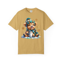 Winter Baby Highland Cow with Cocoa  - Comfort Colors | Trendy Women's T-Shirt. Direct to Garment. Printed & Shipped in the USA. Unisex Sizes.