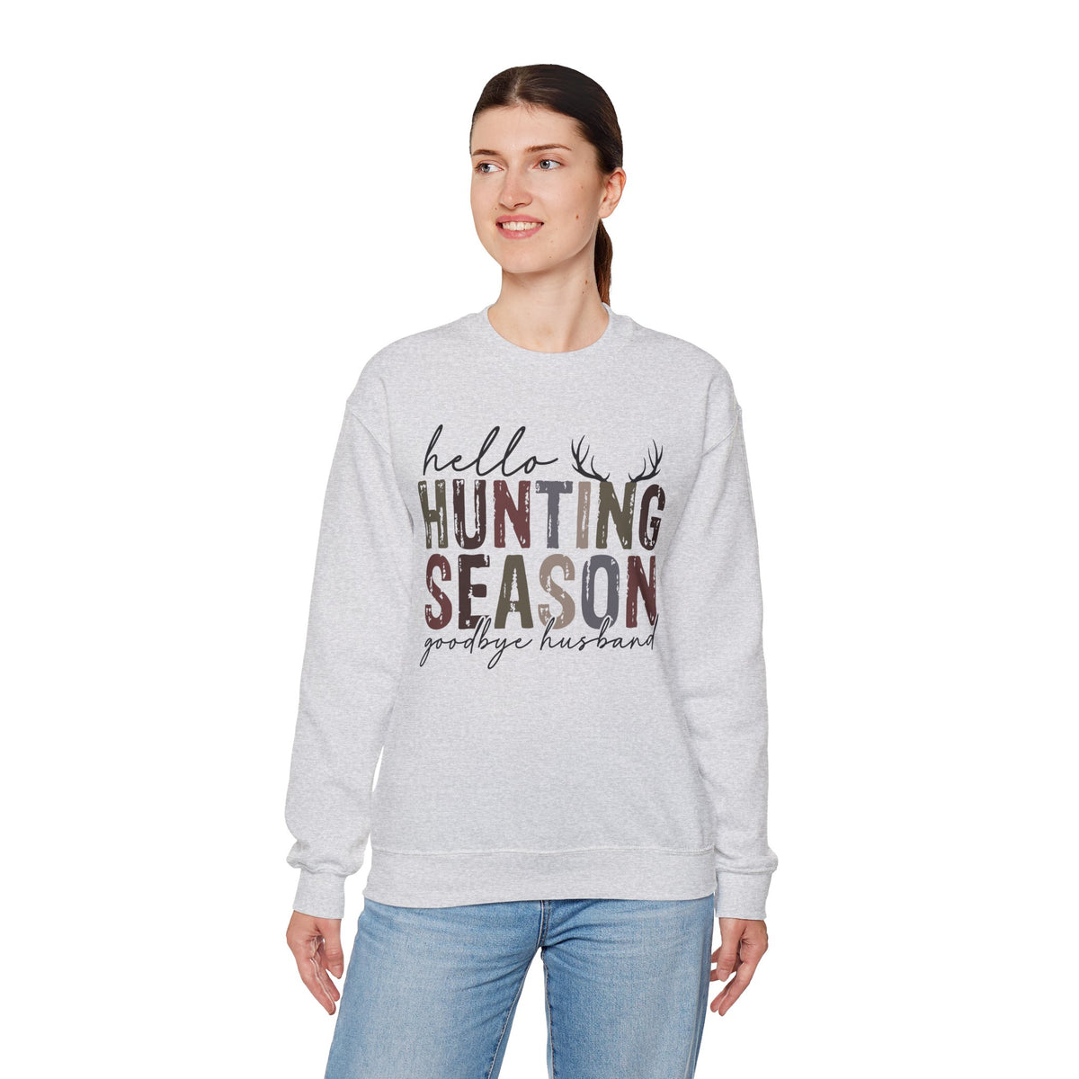 Hello Hunting Season Goodbye Husband Camouflage Wife – Gildan Heavy Blend | Trendy Women’s Soft Sweatshirt. Direct to Garment. Printed & Shipped in the USA. Unisex Sizes.