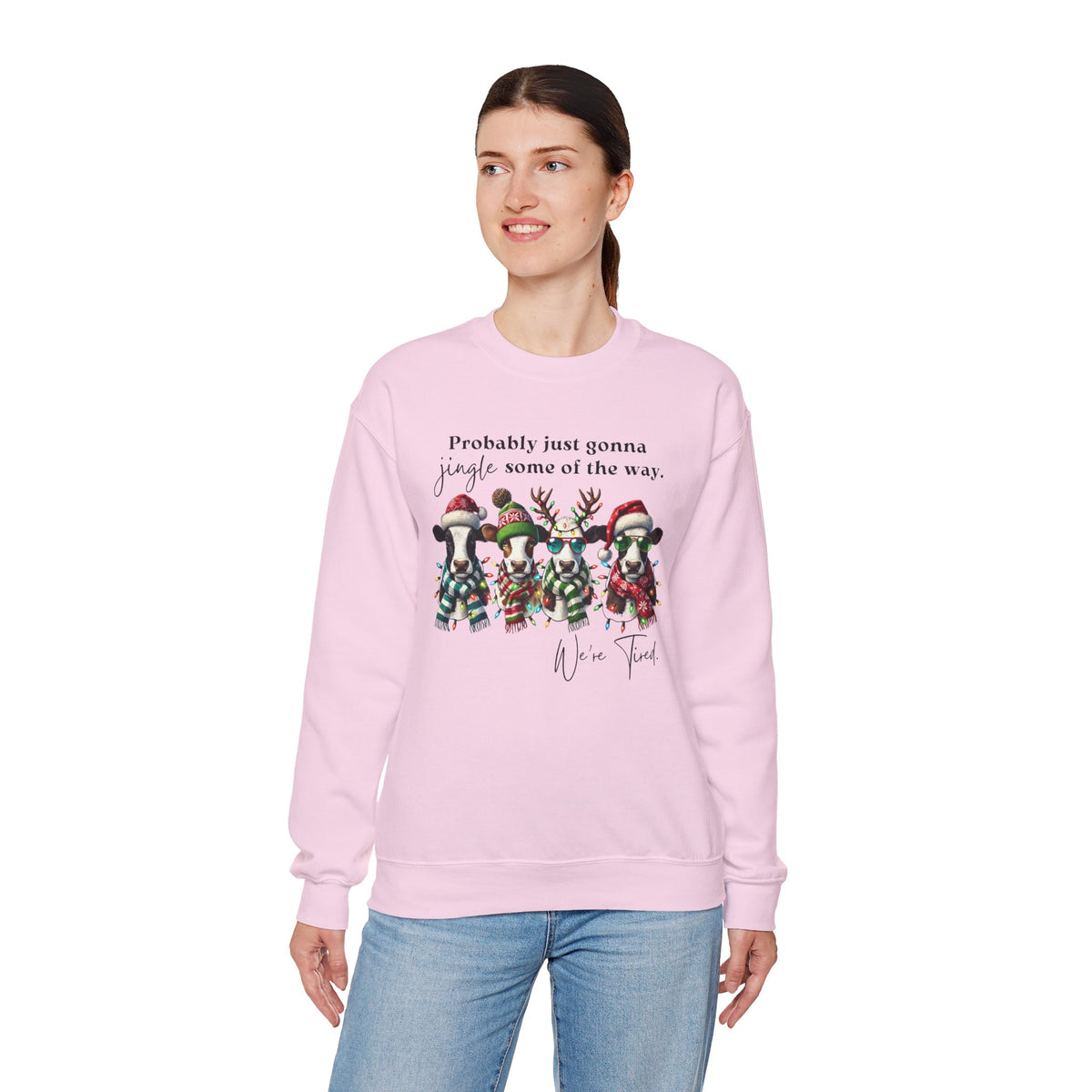 Christmas Cows - Probably Just Gonna Jingle Some Of The Way – Gildan Heavy Blend | Trendy Women’s and Men's Soft Sweatshirt. Direct to Garment. Printed & Shipped in the USA. Unisex Sizes.