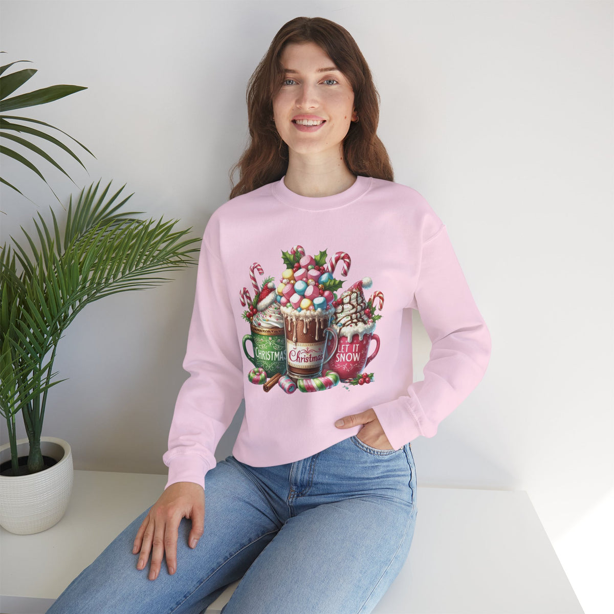 Hot Chocolate Mugs Christmas Hot Cocoa – Gildan Heavy Blend | Trendy Women’s Soft Sweatshirt. Direct to Garment. Printed & Shipped in the USA. Unisex Sizes.