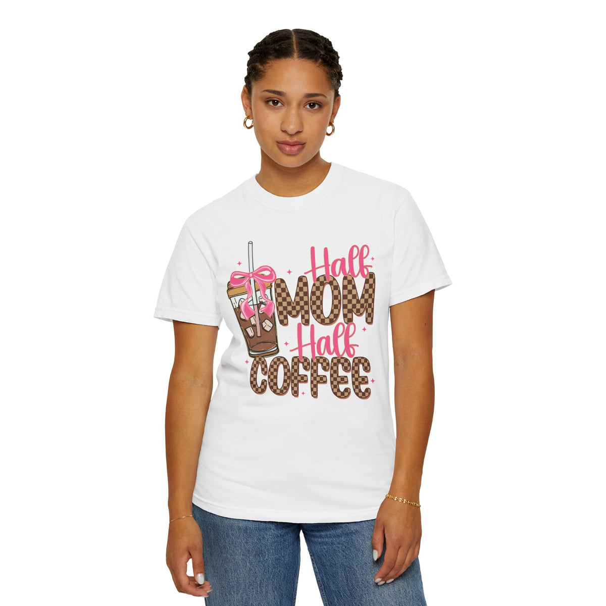 Half Mom Half Coffee. Cute Leopard Print Coffee Design - Comfort Colors | Trendy Women's T-Shirt. Direct to Garment. Printed & Shipped in the USA. Unisex Sizes.