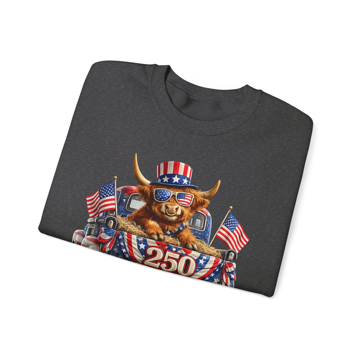 Patriotic Highland, America's 250th Birthday – Gildan Heavy Blend | Trendy Women’s and Men's Soft Sweatshirt. Direct to Garment. Printed & Shipped in the USA. Unisex Sizes.