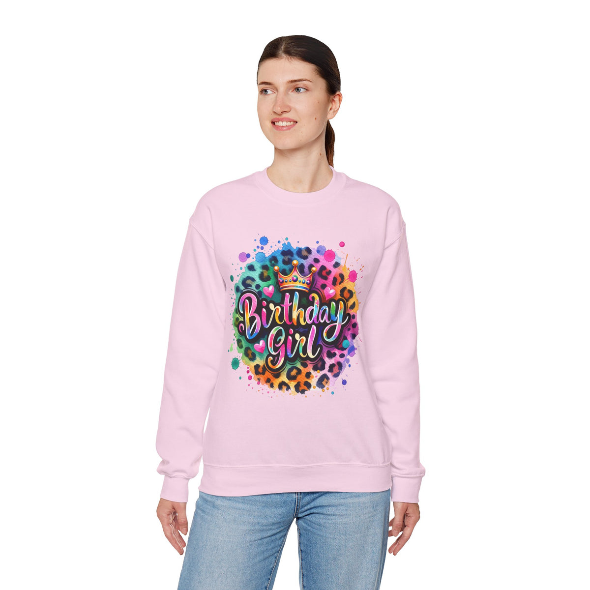 Birthday Girl, Neon Leopard – Gildan Heavy Blend | Trendy Women’s Soft Sweatshirt. Direct to Garment. Printed & Shipped in the USA. Unisex Sizes.
