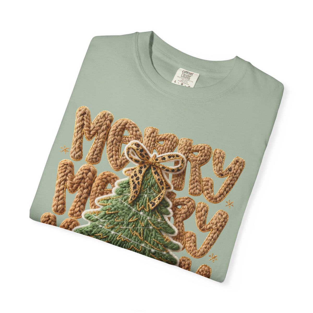 Merry Merry Merry Christmas, Faux Latch Hook Yarn - Comfort Colors | Trendy Women's T-Shirt. Direct to Garment. Printed & Shipped in the USA. Unisex Sizes.