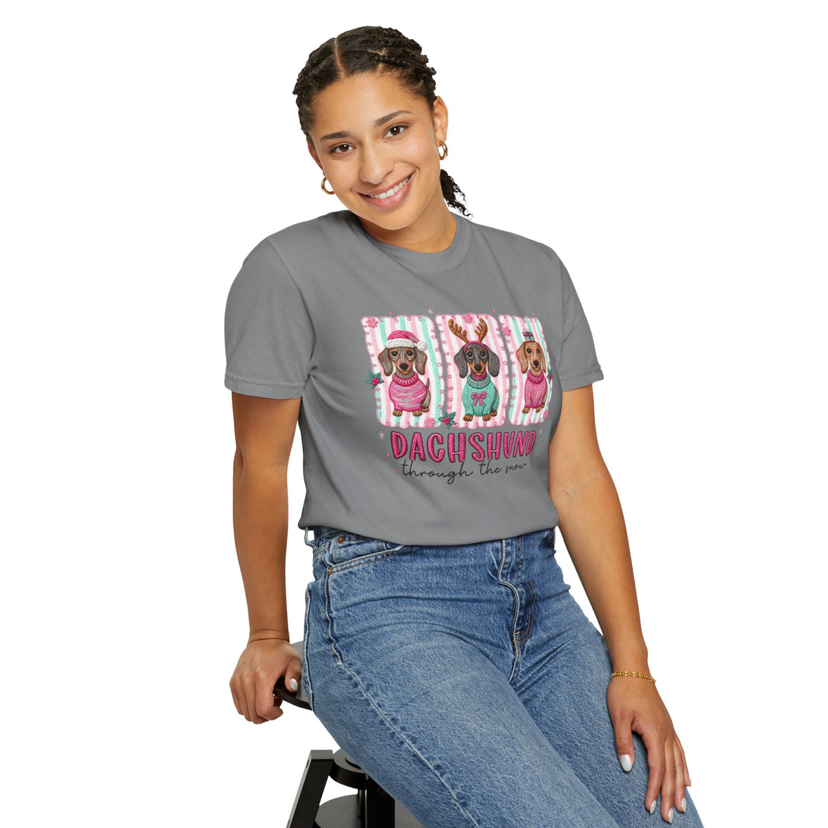 Dachshund Through the Snow - Comfort Colors | Trendy Women's T-Shirt. Direct to Garment. Printed & Shipped in the USA. Unisex Sizes.