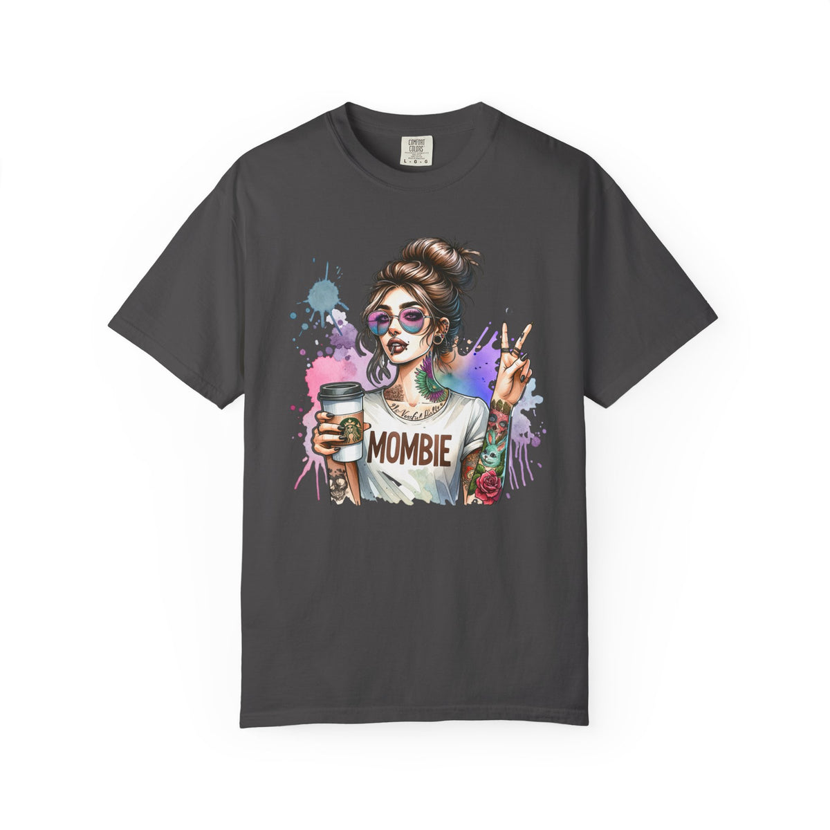Cool Mombie with Coffee Peace Tattoo - Comfort Colors | Trendy Women's T-Shirt. Direct to Garment. Printed & Shipped in the USA. Unisex Sizes.