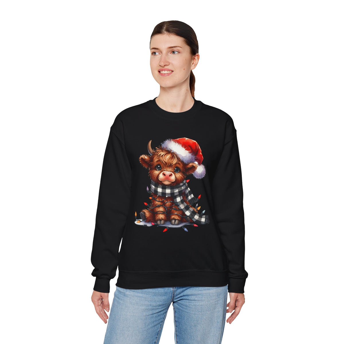 Cute Highland Cow Santa Hat Scarf Christmas Lights – Gildan Heavy Blend | Trendy Women’s Soft Sweatshirt. Direct to Garment. Printed & Shipped in the USA. Unisex Sizes.