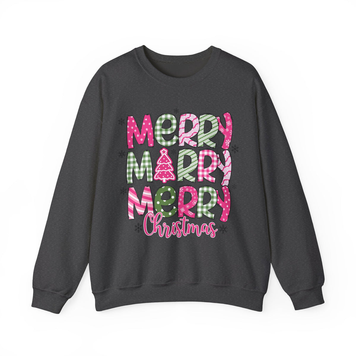 Merry Merry Merry Christmas Festive Candy Cane - Pink and Green – Gildan Heavy Blend | Trendy Women’s Soft Sweatshirt. Direct to Garment. Printed & Shipped in the USA. Unisex Sizes.