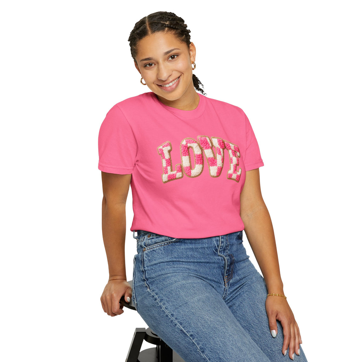Faux Crochet Checkered LOVE - Comfort Colors | Trendy Women's T-Shirt. Direct to Garment. Printed & Shipped in the USA. Unisex Sizes.