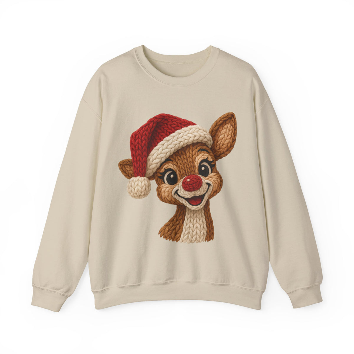 Cute Rudolph Faux Knit Look Reindeer w/Santa Hat – Gildan Heavy Blend | Trendy Women’s Soft Sweatshirt. Direct to Garment. Printed & Shipped in the USA. Unisex Sizes.