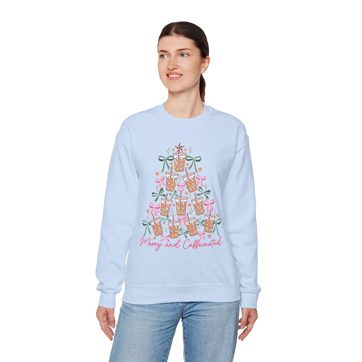 Merry and Caffeinated Iced Coffee Christmas Tree – Gildan Heavy Blend | Trendy Women’s Soft Sweatshirt. Direct to Garment. Printed & Shipped in the USA. Unisex Sizes.