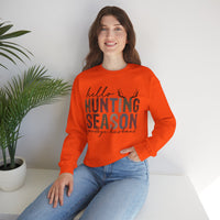 Hello Hunting Season Goodbye Husband Camouflage Wife – Gildan Heavy Blend | Trendy Women’s Soft Sweatshirt. Direct to Garment. Printed & Shipped in the USA. Unisex Sizes.
