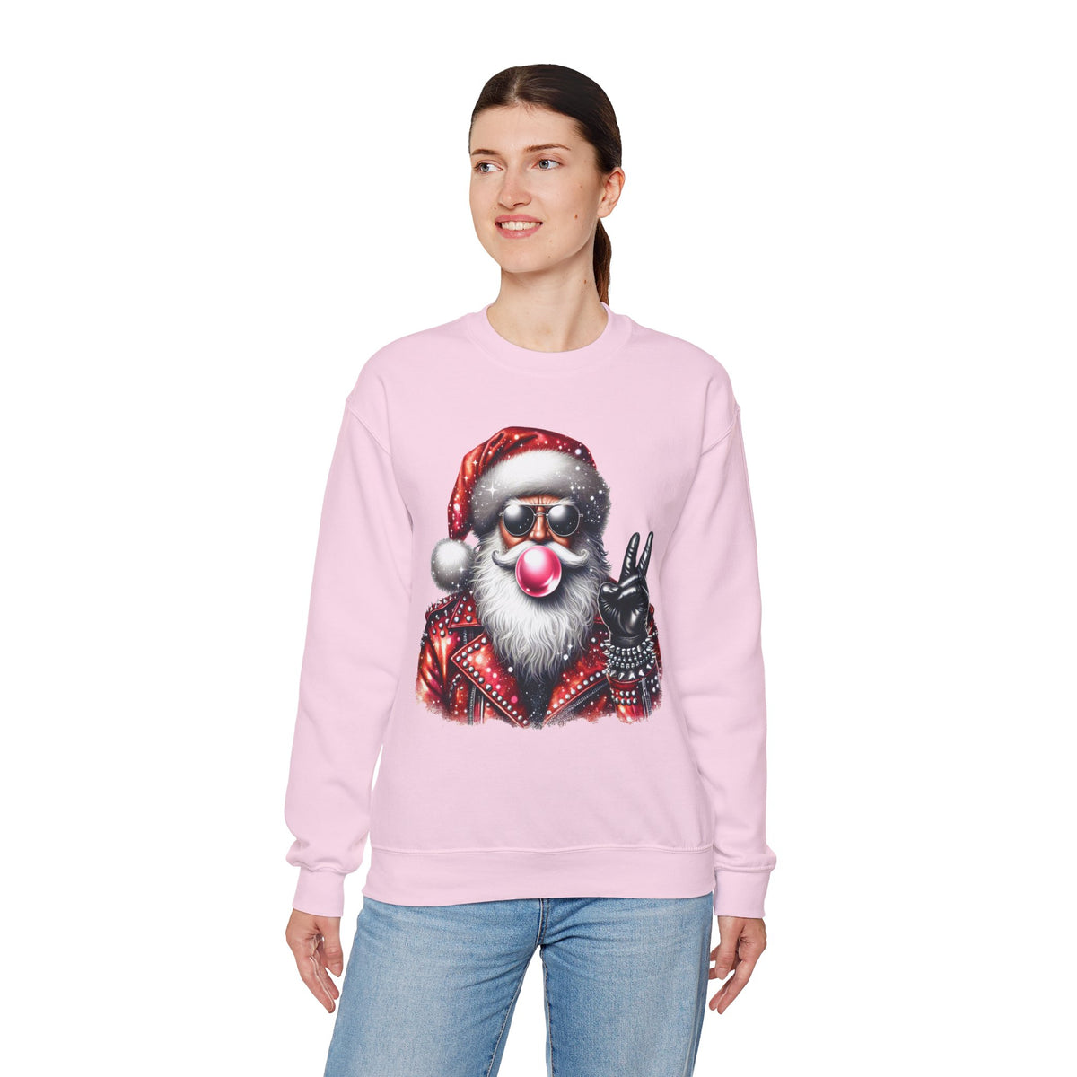 Biker Santa Leather Jacket Bubblegum – Gildan Heavy Blend | Trendy Women’s and Men's Soft Sweatshirt. Direct to Garment. Printed & Shipped in the USA. Unisex Sizes.