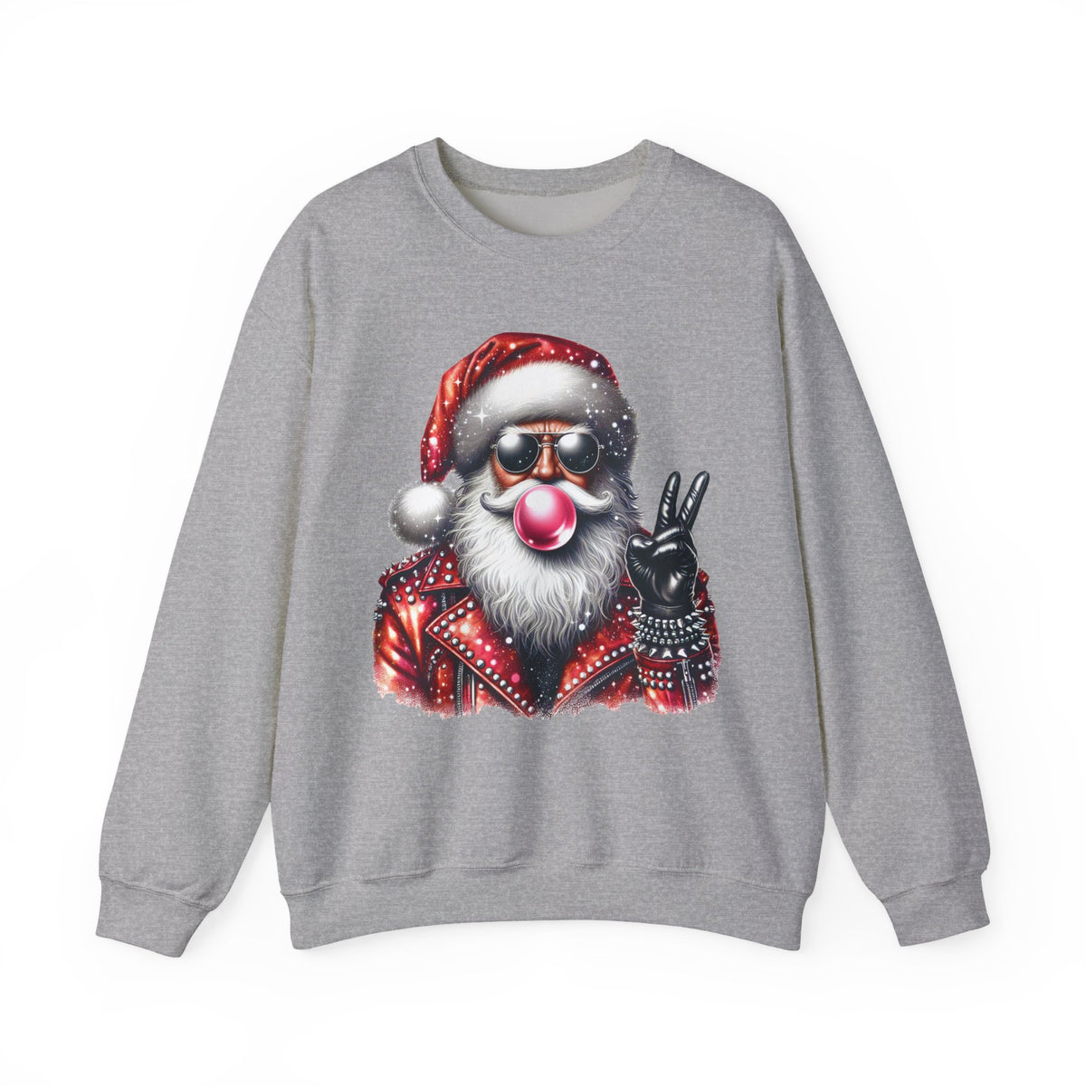 Biker Santa Leather Jacket Bubblegum – Gildan Heavy Blend | Trendy Women’s and Men's Soft Sweatshirt. Direct to Garment. Printed & Shipped in the USA. Unisex Sizes.