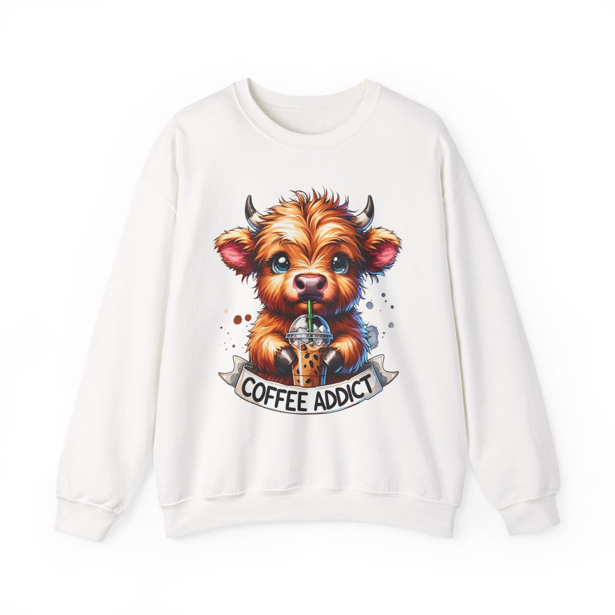 Coffee Addict Highland Cow Drinking Iced Coffee – Gildan Heavy Blend | Trendy Women’s Soft Sweatshirt. Direct to Garment. Printed & Shipped in the USA. Unisex Sizes.