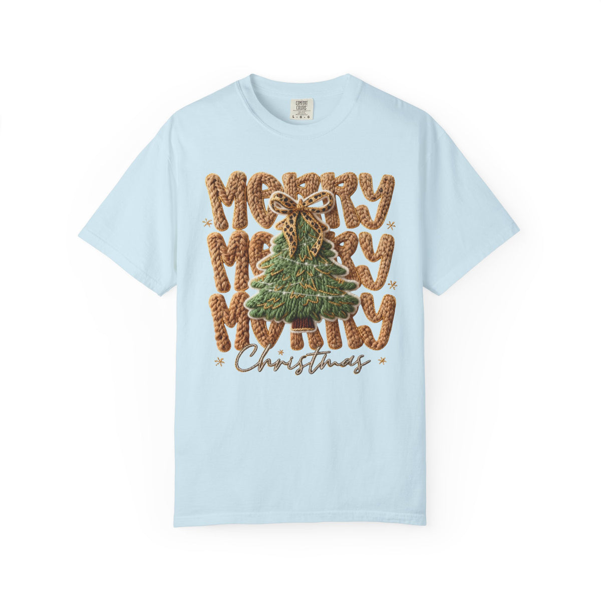 Merry Merry Merry Christmas, Faux Latch Hook Yarn - Comfort Colors | Trendy Women's T-Shirt. Direct to Garment. Printed & Shipped in the USA. Unisex Sizes.