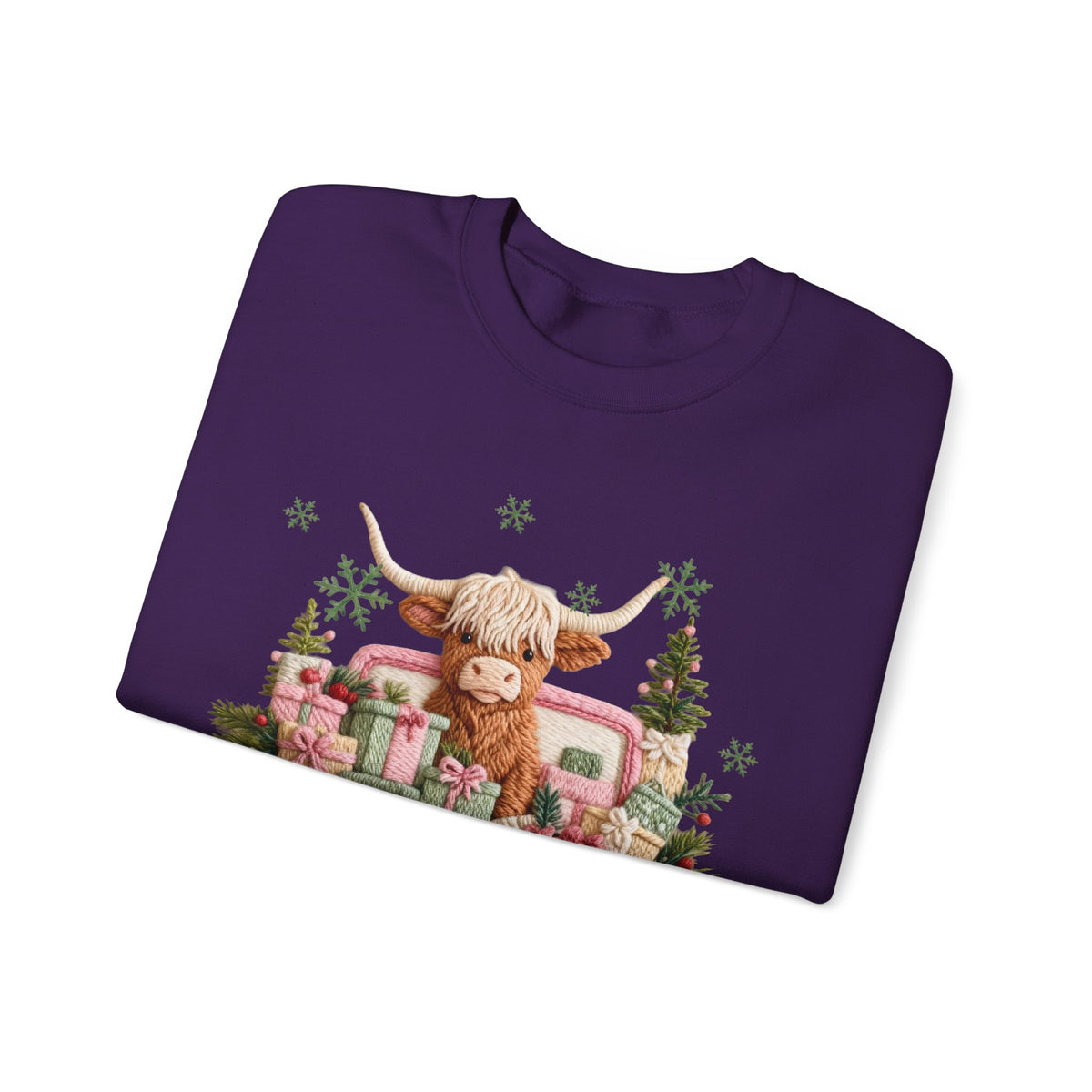 Highland Cow in Pink Truck Merry Christmas Holiday Farmhouse – Gildan Heavy Blend | Trendy Women’s Soft Sweatshirt. Direct to Garment. Printed & Shipped in the USA. Unisex Sizes.