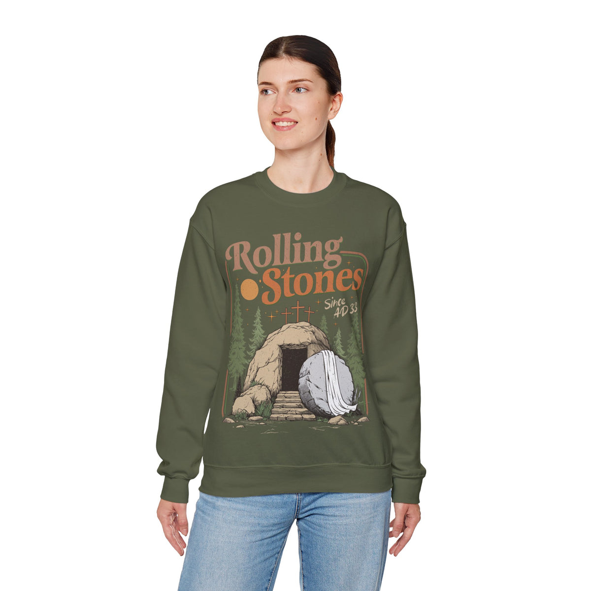 Rolling Stones "Since AD33" Easter Empty Tomb Christian – Gildan Heavy Blend | Trendy Men's and Women’s Soft Sweatshirt. Direct to Garment. Printed & Shipped in the USA. Unisex Sizes.