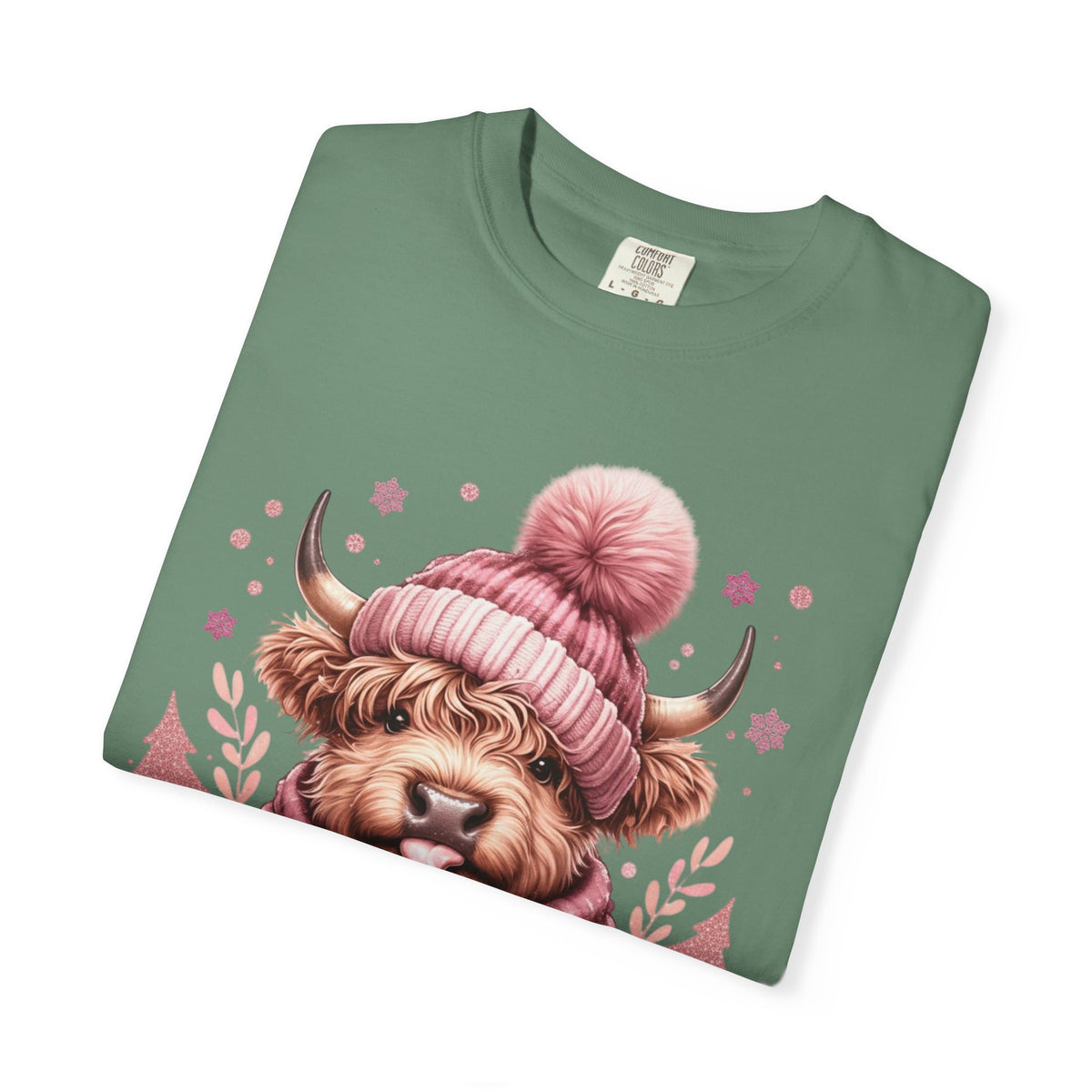Cozy Highland Cow, Winter Coffee Mug & Scarf - Comfort Colors | Trendy Women's T-Shirt. Direct to Garment. Printed & Shipped in the USA. Unisex Sizes.