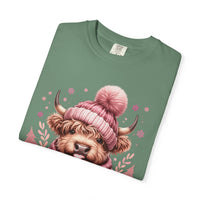 Cozy Highland Cow, Winter Coffee Mug & Scarf - Comfort Colors | Trendy Women's T-Shirt. Direct to Garment. Printed & Shipped in the USA. Unisex Sizes.