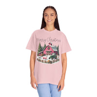 Merry Christmas Pink Barn Farm Animals - Comfort Colors | Trendy Women's T-Shirt. Direct to Garment. Printed & Shipped in the USA. Unisex Sizes.