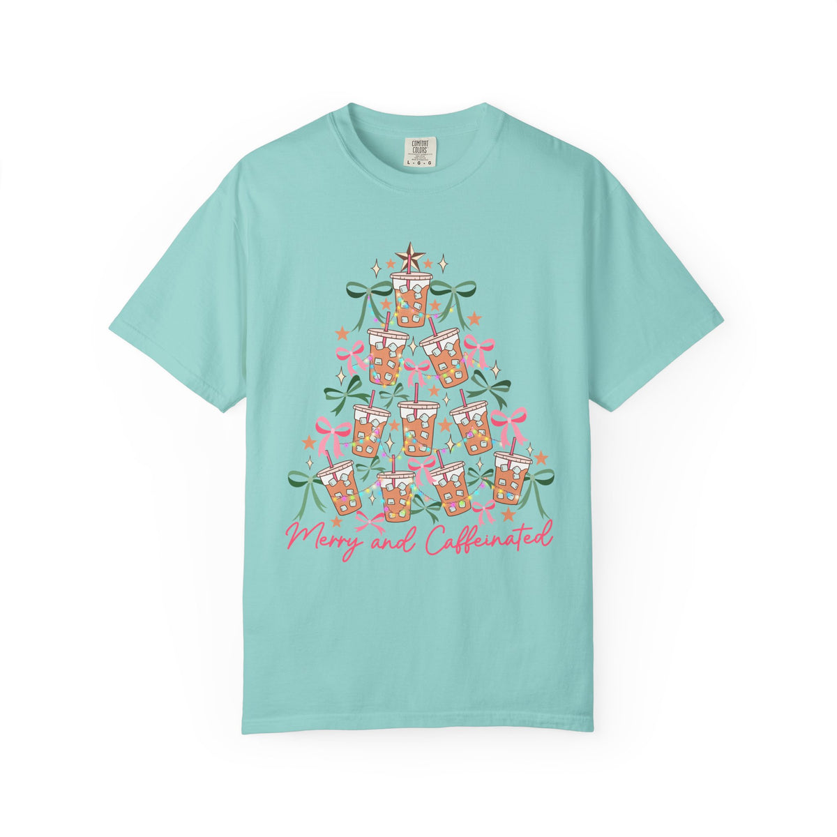 Merry and Caffeinated Iced Coffee Christmas Tree - Comfort Colors | Trendy Women's T-Shirt. Direct to Garment. Printed & Shipped in the USA. Unisex Sizes.