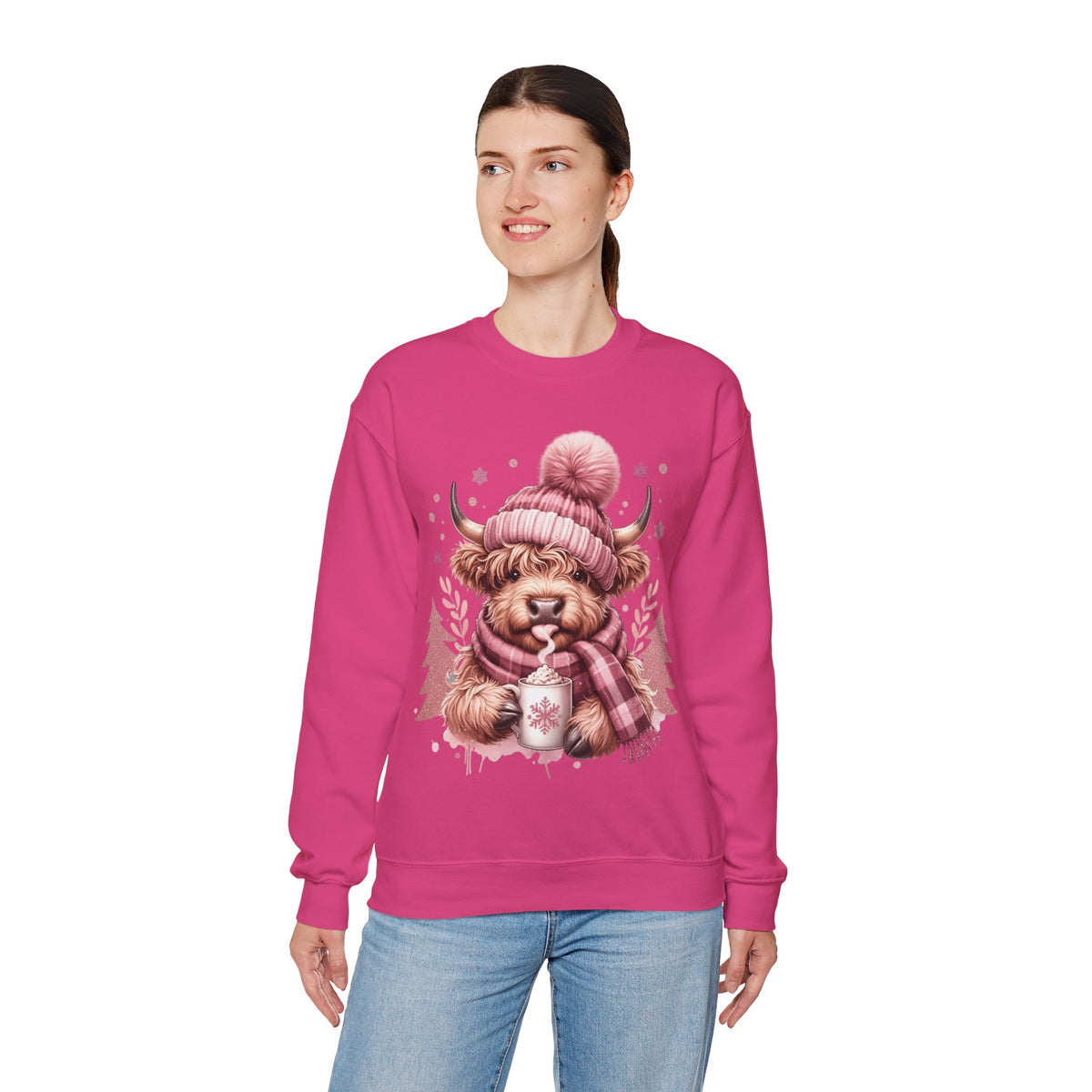 Cozy Highland Cow, Winter Coffee Mug & Scarf Pink – Gildan Heavy Blend | Trendy Women’s Soft Sweatshirt. Direct to Garment. Printed & Shipped in the USA. Unisex Sizes.