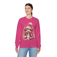 Cozy Highland Cow, Winter Coffee Mug & Scarf Pink – Gildan Heavy Blend | Trendy Women’s Soft Sweatshirt. Direct to Garment. Printed & Shipped in the USA. Unisex Sizes.