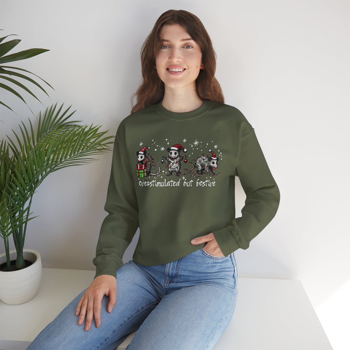 Overstimulated But Festive Christmas Possums – Gildan Heavy Blend | Trendy Women’s and Men's Soft Sweatshirt. Direct to Garment. Printed & Shipped in the USA. Unisex Sizes.